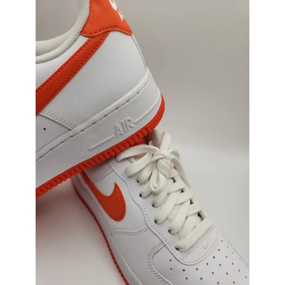 Nike Air Force 1 Low Top Men's Sneaker White/Orange Leather Lace-Up Rubber 9 1/2